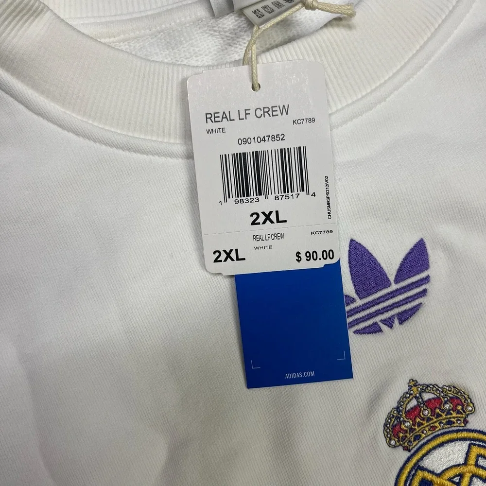 Adidas Real Madrid LFSTLR Pullover Sweatshirt Mens 2XL White Crewneck KC7789 NEW